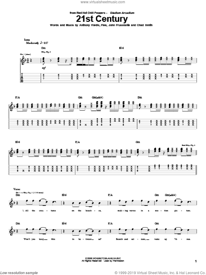 21st Century sheet music for guitar (tablature) by Red Hot Chili Peppers, Anthony Kiedis, Chad Smith, Flea and John Frusciante, intermediate skill level