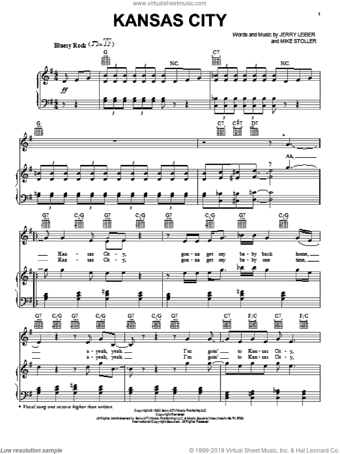 Kansas City sheet music for voice, piano or guitar by The Beatles, Wilbert Harrison, Jerry Leiber and Mike Stoller, intermediate skill level