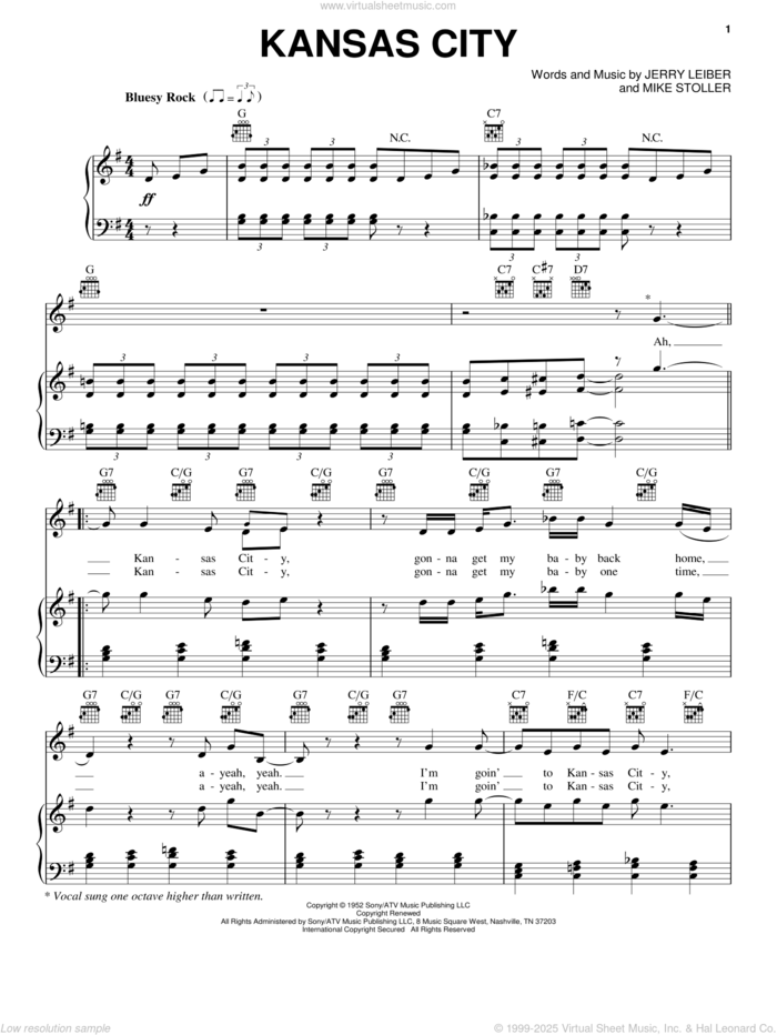 Kansas City sheet music for voice, piano or guitar by The Beatles, Wilbert Harrison, Jerry Leiber and Mike Stoller, intermediate skill level