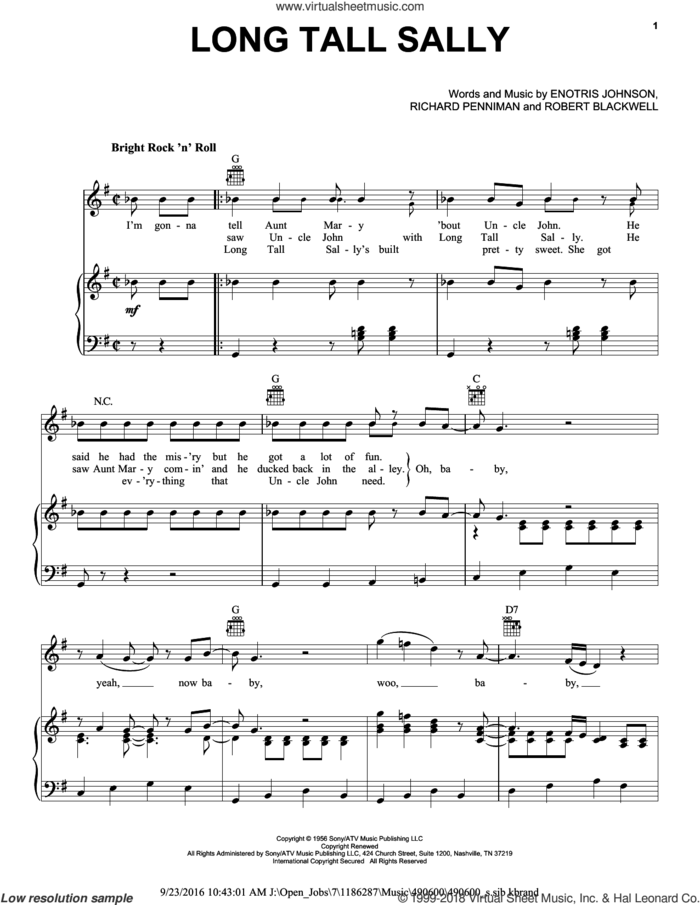 Long Tall Sally sheet music for voice, piano or guitar by The Beatles, Little Richard, Pat Boone, Enotris Johnson, Richard Penniman and Robert Blackwell, intermediate skill level