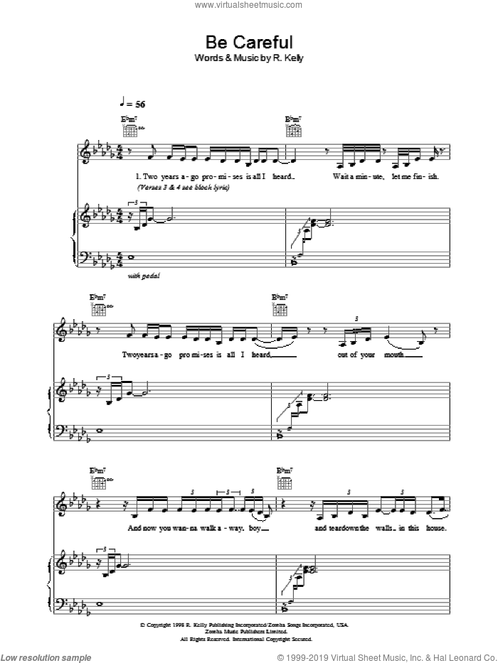 Be Careful sheet music for voice, piano or guitar by Sparkle and Robert Kelly, intermediate skill level