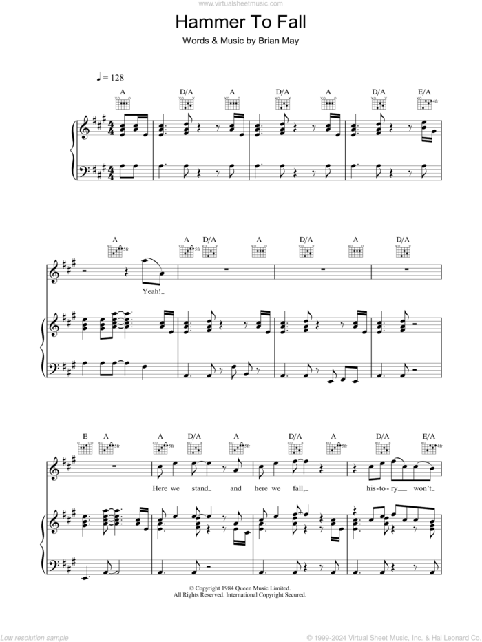 Hammer To Fall sheet music for voice, piano or guitar by Queen and Brian May, intermediate skill level