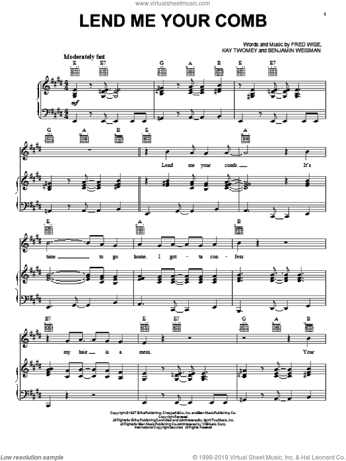 Lend Me Your Comb sheet music for voice, piano or guitar by The Beatles, Carl Perkins, Benjamin Weisman, Fred Wise and Kay Twomey, intermediate skill level