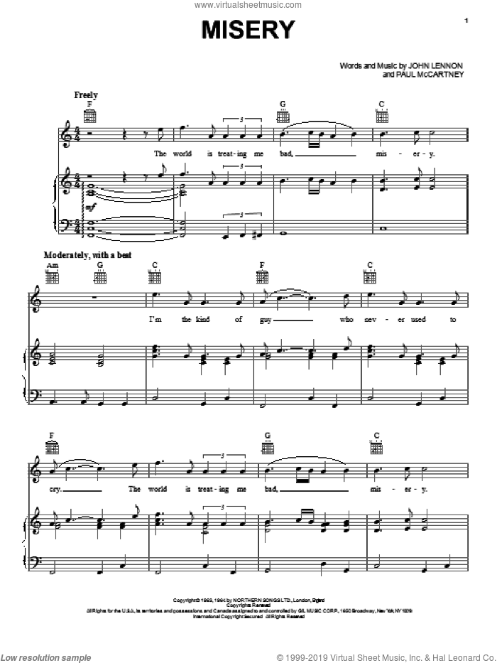Misery sheet music for voice, piano or guitar by The Beatles, John Lennon and Paul McCartney, intermediate skill level