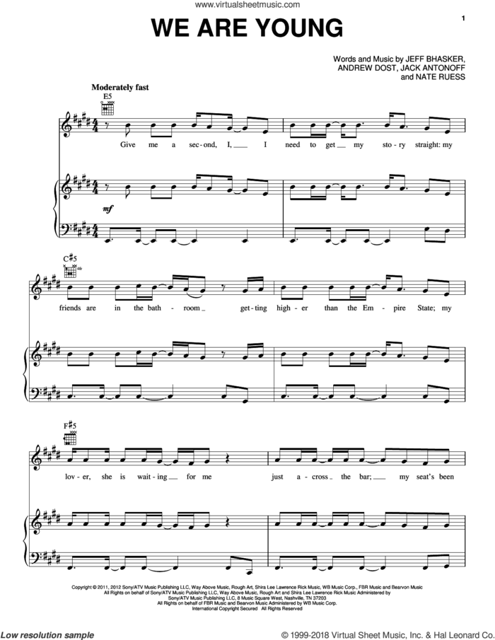 We Are Young sheet music for voice, piano or guitar by Pentatonix, Fun, fun. featuring Janelle Monae, Andrew Dost, Jack Antonoff, Jeff Bhasker and Nate Ruess, intermediate skill level