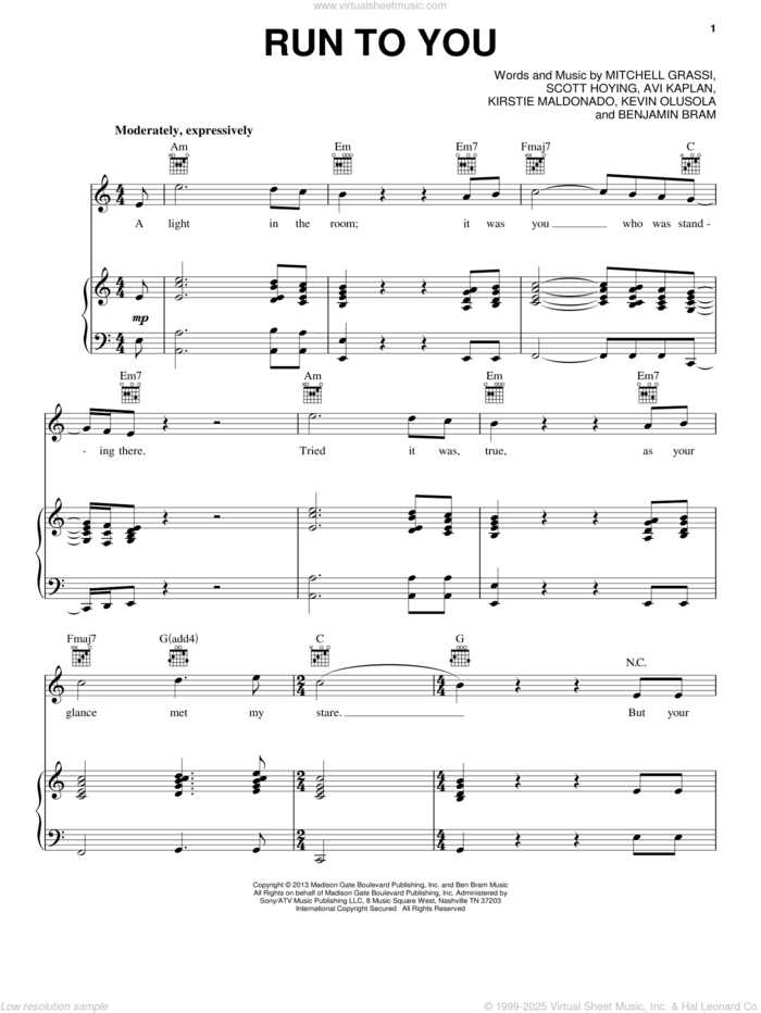 Run To You sheet music for voice, piano or guitar by Pentatonix, Avi Kaplan, Benjamin Bram, Kevin Olusola, Kirstie Maldonado, Mitchell Grassi and Scott Hoying, intermediate skill level