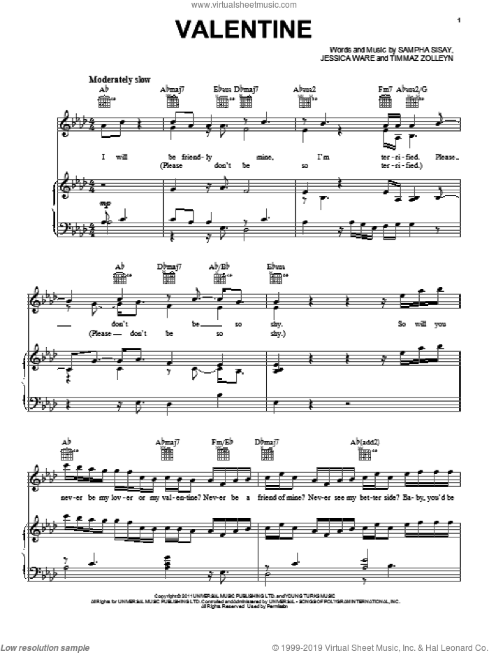 Valentine sheet music for voice, piano or guitar by Pentatonix, Jessica Ware, Sampha Sisay and Timmaz Zolleyn, intermediate skill level