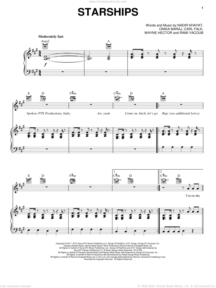 Starships sheet music for voice, piano or guitar by Pentatonix, Nicki Minaj, Carl Falk, Nadir Khayat, Onika Maraj, Rami and Wayne Hector, intermediate skill level