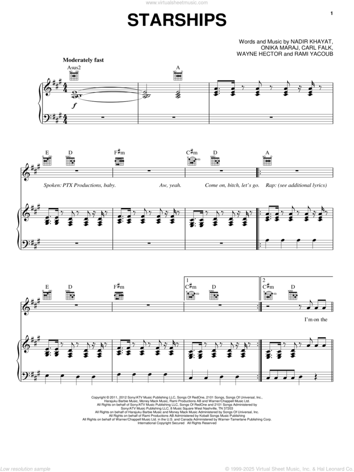 Starships sheet music for voice, piano or guitar by Pentatonix, Nicki Minaj, Carl Falk, Nadir Khayat, Onika Maraj, Rami and Wayne Hector, intermediate skill level