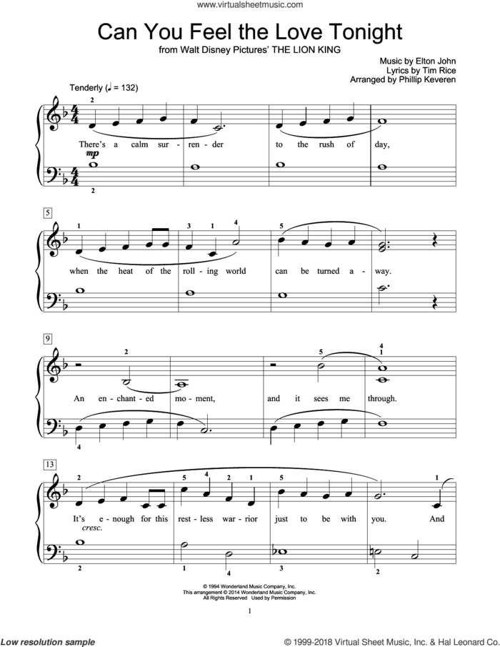 Can You Feel The Love Tonight (from The Lion King) (arr. Phillip Keveren) sheet music for piano solo (elementary) by Elton John, Phillip Keveren, Mona Rejino, Robert Vandall, Bill Boyd and Tim Rice, wedding score, beginner piano (elementary)