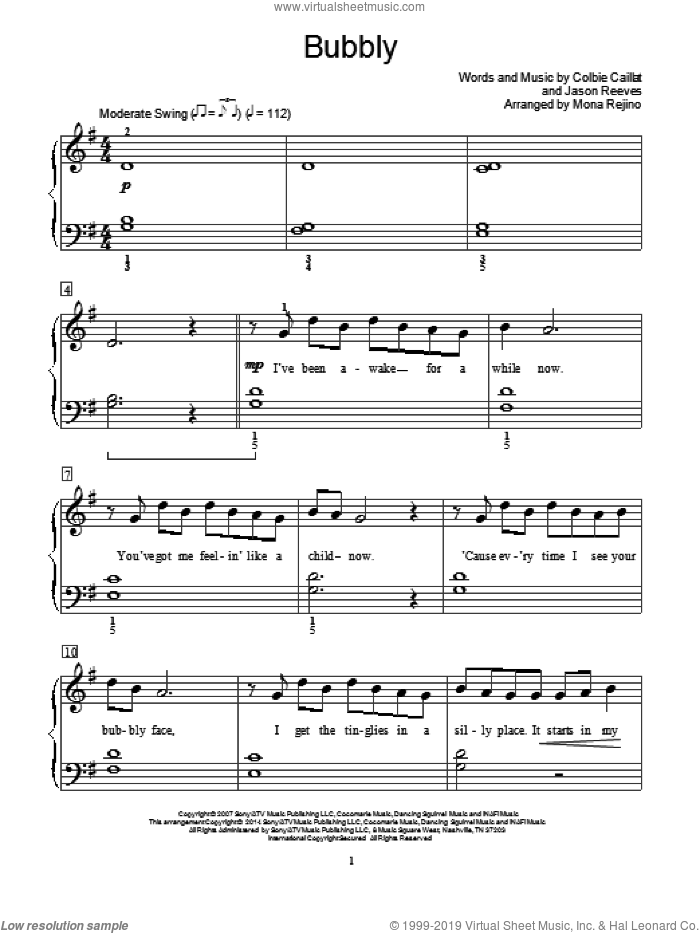 Bubbly sheet music for piano solo (elementary) by Colbie Caillat, Phillip Keveren, Mona Rejino, Robert Vandall, Bill Boyd and Jason Reeves, beginner piano (elementary)