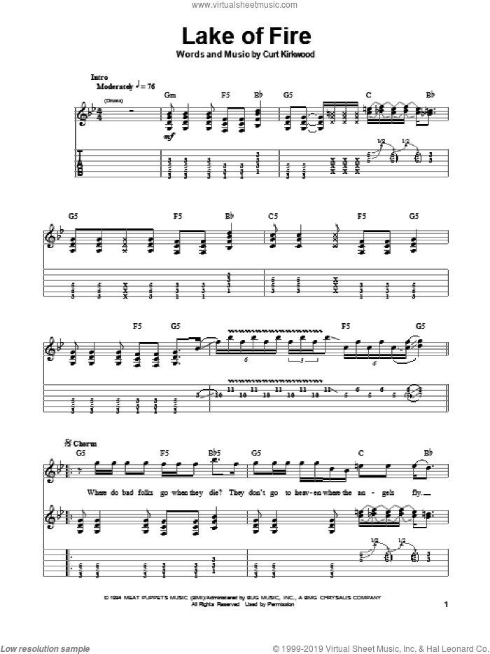 Lake Of Fire sheet music for guitar (tablature, play-along) by Nirvana, Curt Kirkwood and Meat Puppets, intermediate skill level