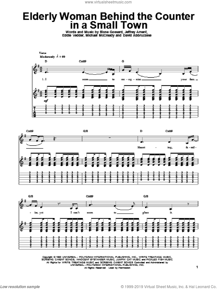 Elderly Woman Behind The Counter In A Small Town sheet music for guitar (tablature, play-along) by Pearl Jam, David Abbruzzese, Eddie Vedder, Jeffrey Ament, Michael McCready and Stone Gossard, intermediate skill level
