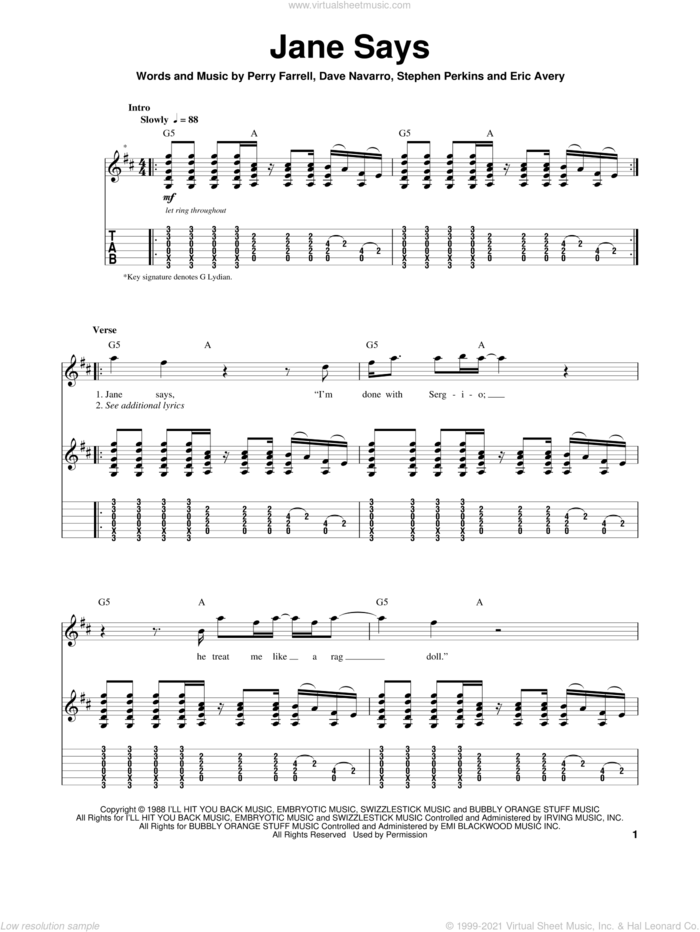 Jane Says sheet music for guitar (tablature, play-along) by Jane's Addiction, Dave Navarro, Eric Avery, Perry Farrell and Stephen Perkins, intermediate skill level