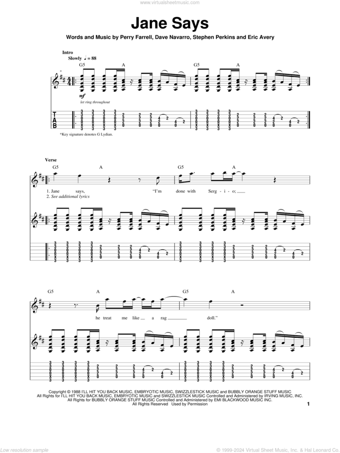 Jane Says sheet music for guitar (tablature, play-along) by Jane's Addiction, Dave Navarro, Eric Avery, Perry Farrell and Stephen Perkins, intermediate skill level