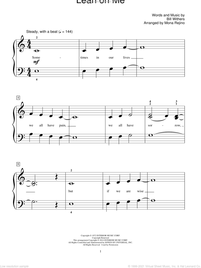 Lean On Me sheet music for piano solo (elementary) by Bill Withers, Mona Rejino and Bill Boyd, beginner piano (elementary)
