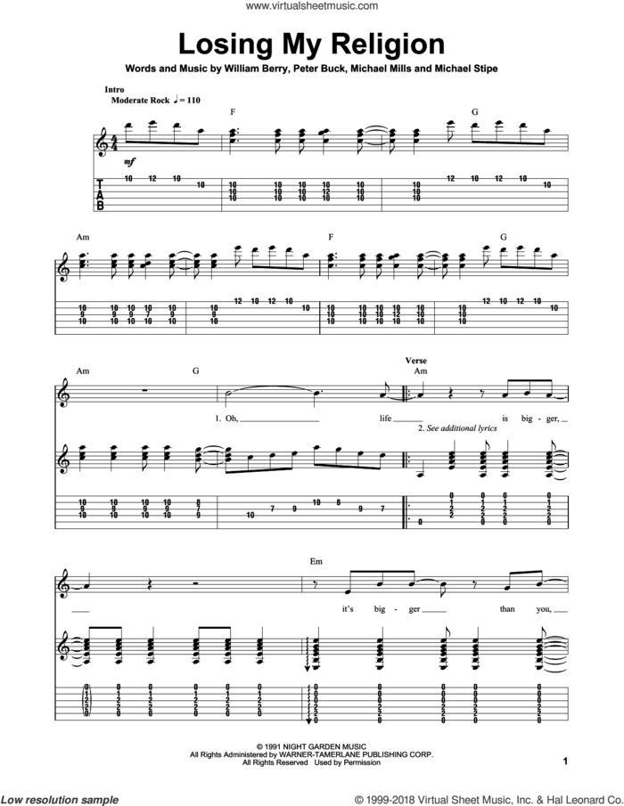 Losing My Religion sheet music for guitar (tablature, play-along) by R.E.M., Michael Stipe, Mike Mills, Peter Buck and William Berry, intermediate skill level