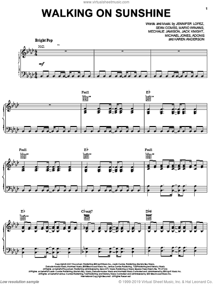 Walking On Sunshine sheet music for voice, piano or guitar by Jennifer Lopez, Adonis and Jack Knight, intermediate skill level