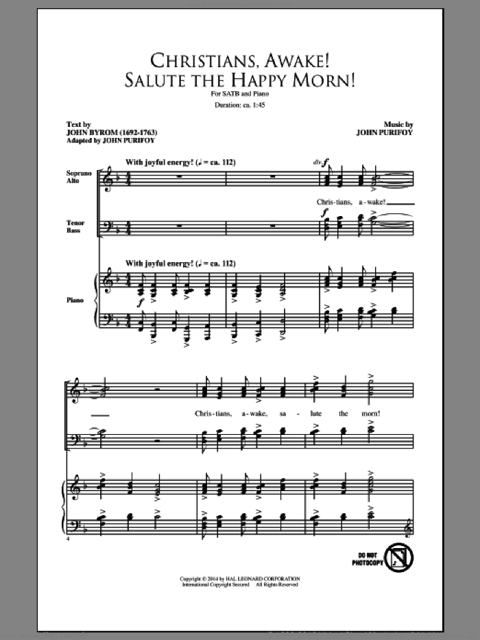 Christians, Awake! Salute The Happy Morn sheet music for choir (SATB: soprano, alto, tenor, bass) by John Purifoy, intermediate skill level