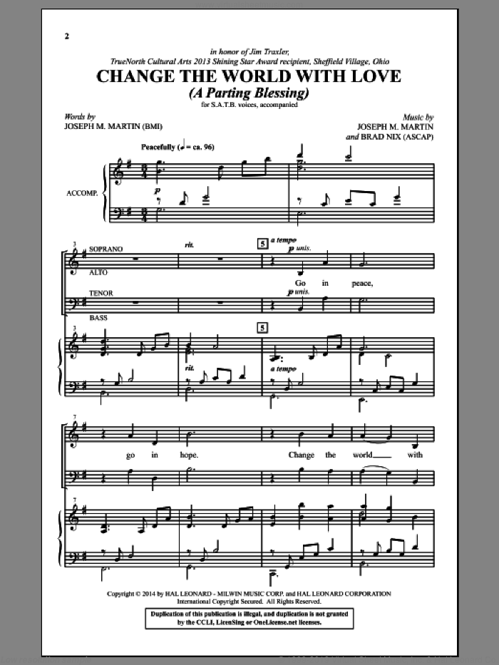 Change The World With Love (A Parting Blessing) sheet music for choir (SATB: soprano, alto, tenor, bass) by Joseph M. Martin and Brad Nix, intermediate skill level
