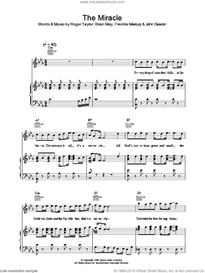 The Miracle sheet music for voice, piano or guitar by Queen, Brian May, Freddie Mercury, John Deacon and Roger Taylor, intermediate skill level