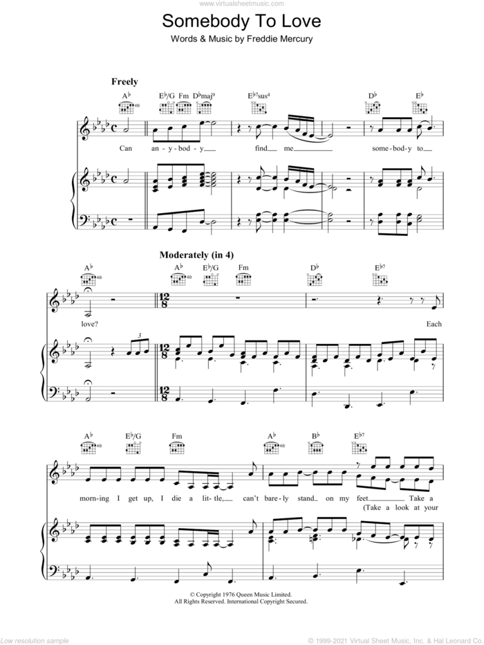 Somebody To Love sheet music for voice, piano or guitar by Queen and Freddie Mercury, intermediate skill level