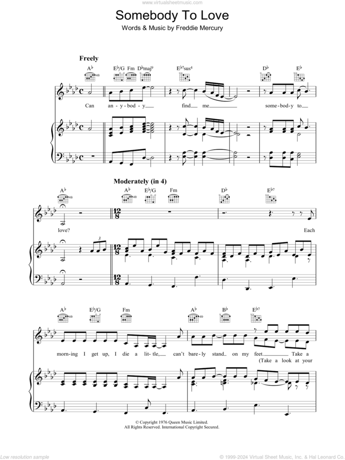 Somebody To Love sheet music for voice, piano or guitar by Queen and Freddie Mercury, intermediate skill level