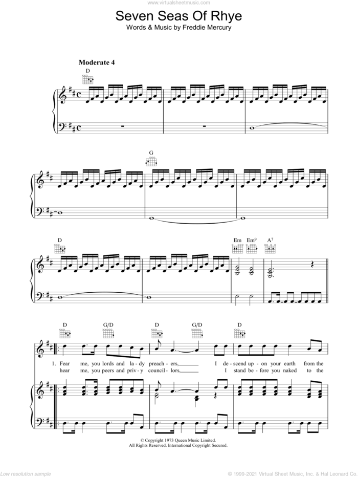 Seven Seas Of Rhye sheet music for voice, piano or guitar by Queen and Freddie Mercury, intermediate skill level