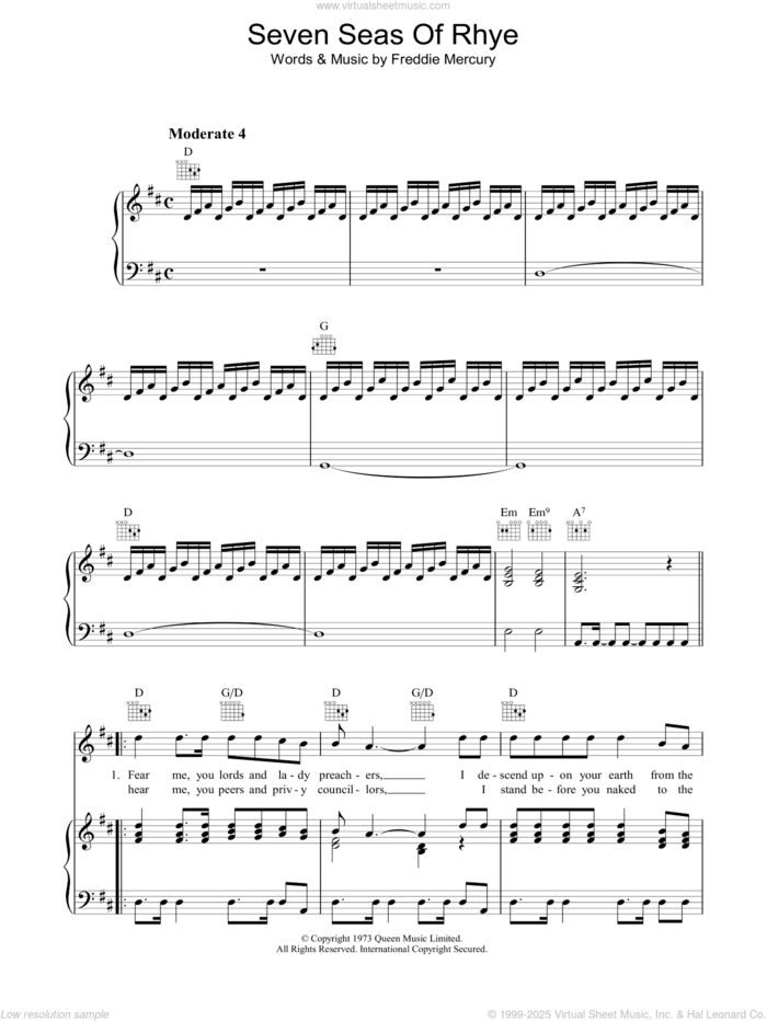 Seven Seas Of Rhye sheet music for voice, piano or guitar by Queen and Freddie Mercury, intermediate skill level