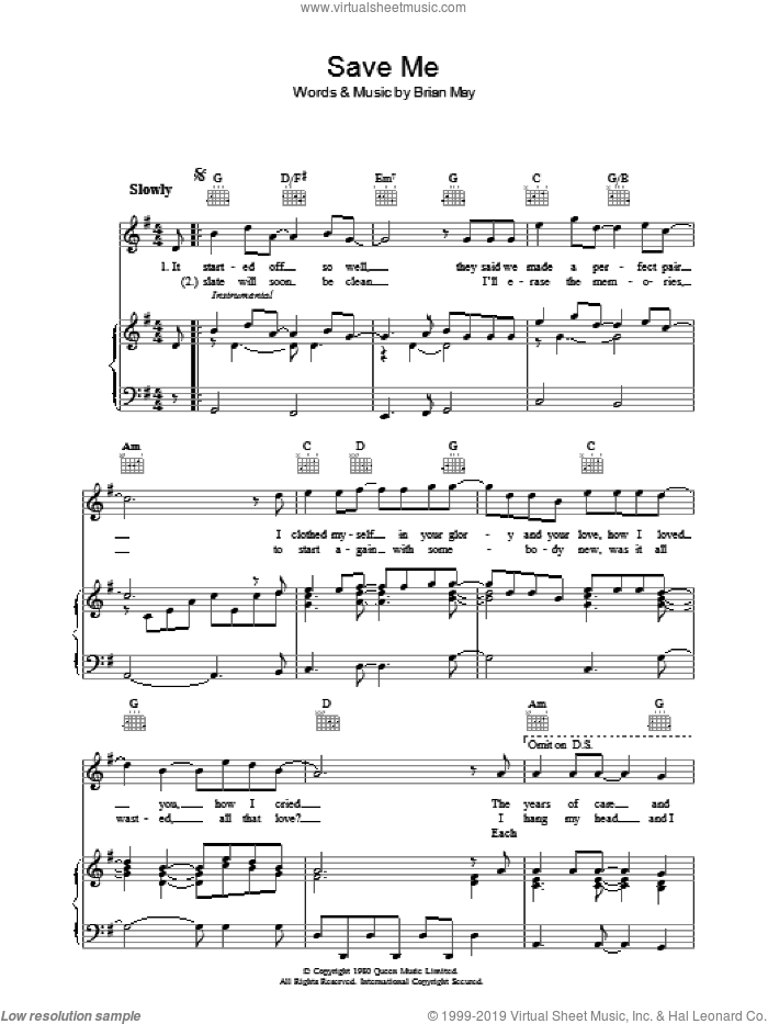 Save Me sheet music for voice, piano or guitar by Queen and Brian May, intermediate skill level