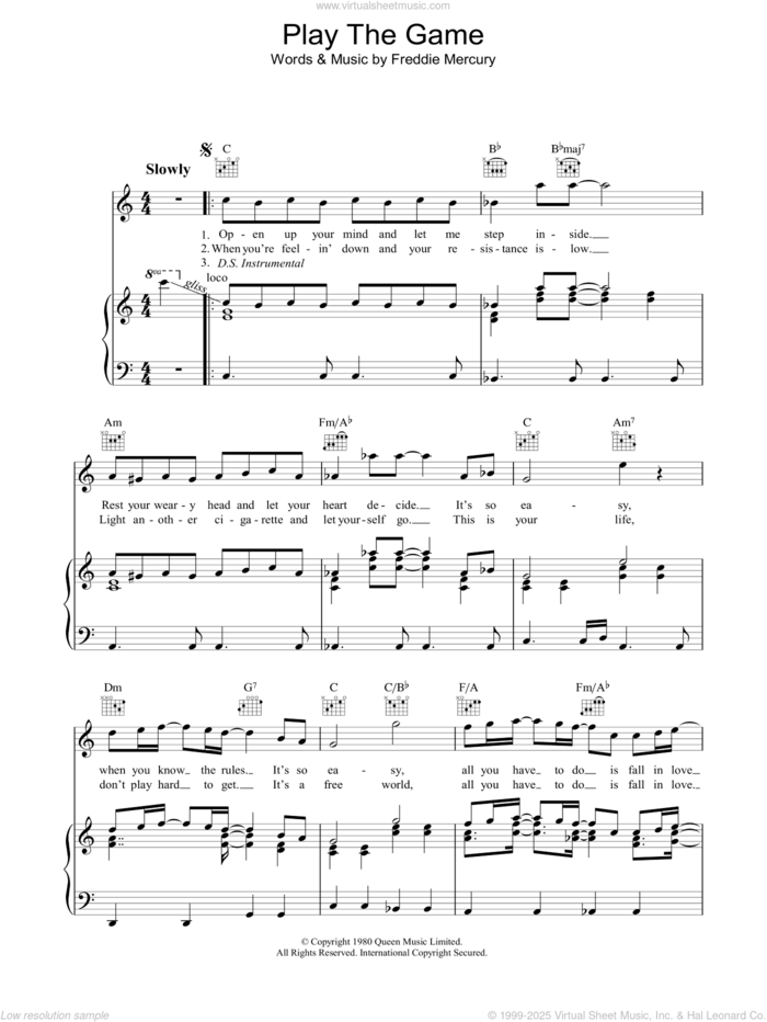 Play The Game sheet music for voice, piano or guitar by Queen and Freddie Mercury, intermediate skill level