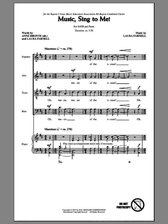Music, Sing To Me sheet music for choir (SATB: soprano, alto, tenor, bass) by Laura Farnell, intermediate skill level