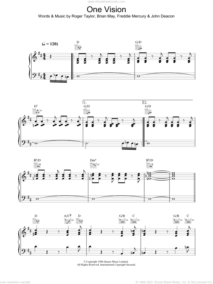 One Vision sheet music for voice, piano or guitar by Queen, Brian May, Freddie Mercury, John Deacon and Roger Taylor, intermediate skill level