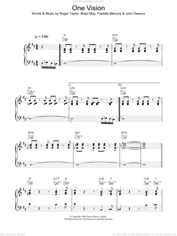 One Vision sheet music for voice, piano or guitar by Queen, Brian May, Freddie Mercury, John Deacon and Roger Taylor, intermediate skill level