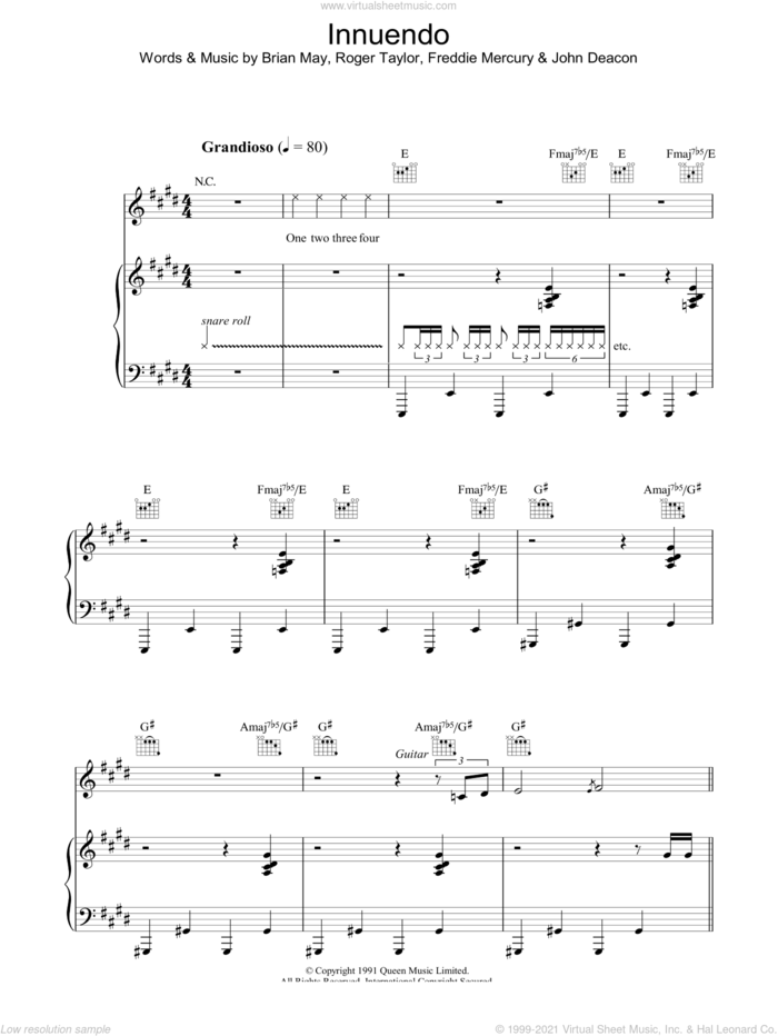 Innuendo sheet music for voice, piano or guitar by Queen, Brian May, Freddie Mercury, John Deacon and Roger Taylor, intermediate skill level