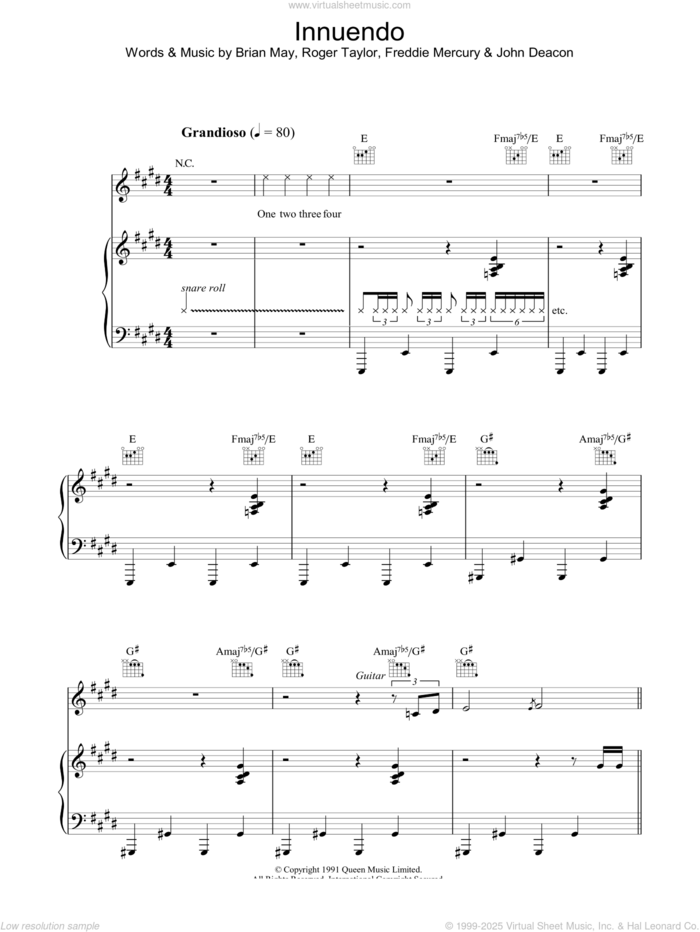 Innuendo sheet music for voice, piano or guitar by Queen, Brian May, Freddie Mercury, John Deacon and Roger Taylor, intermediate skill level