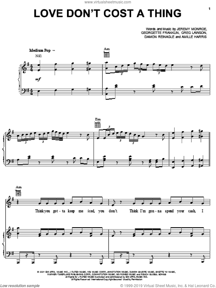 Love Don't Cost A Thing sheet music for voice, piano or guitar by Jennifer Lopez, Amille Harris, Damon Reinagle and Georgette Franklin, intermediate skill level