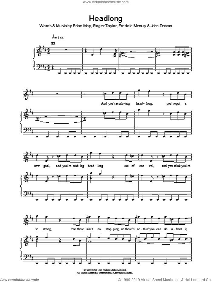 Headlong sheet music for voice, piano or guitar by Queen, Brian May, Freddie Mercury, John Deacon and Roger Taylor, intermediate skill level