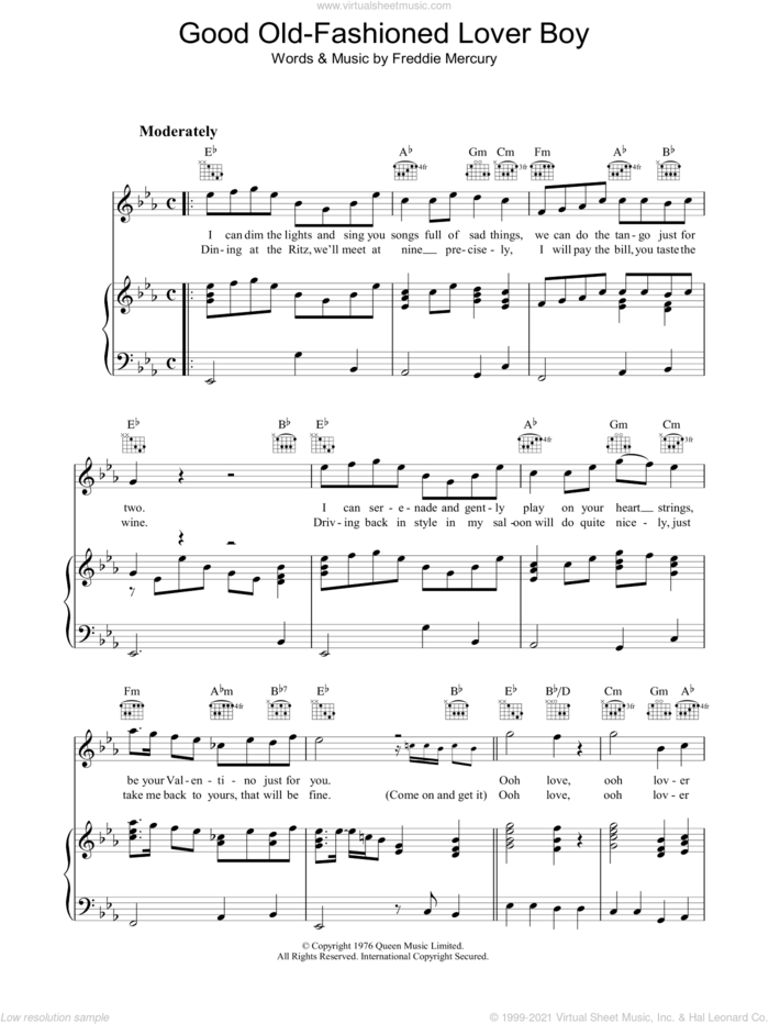 Good Old Fashioned Lover Boy sheet music for voice, piano or guitar by Queen and Freddie Mercury, intermediate skill level
