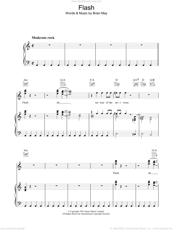 Flash sheet music for voice, piano or guitar by Queen and Brian May, intermediate skill level