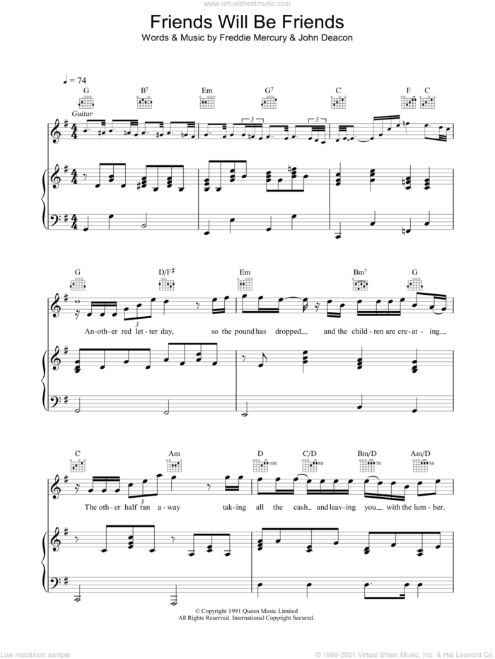 Friends Will Be Friends sheet music for voice, piano or guitar by Queen, Freddie Mercury and John Deacon, intermediate skill level