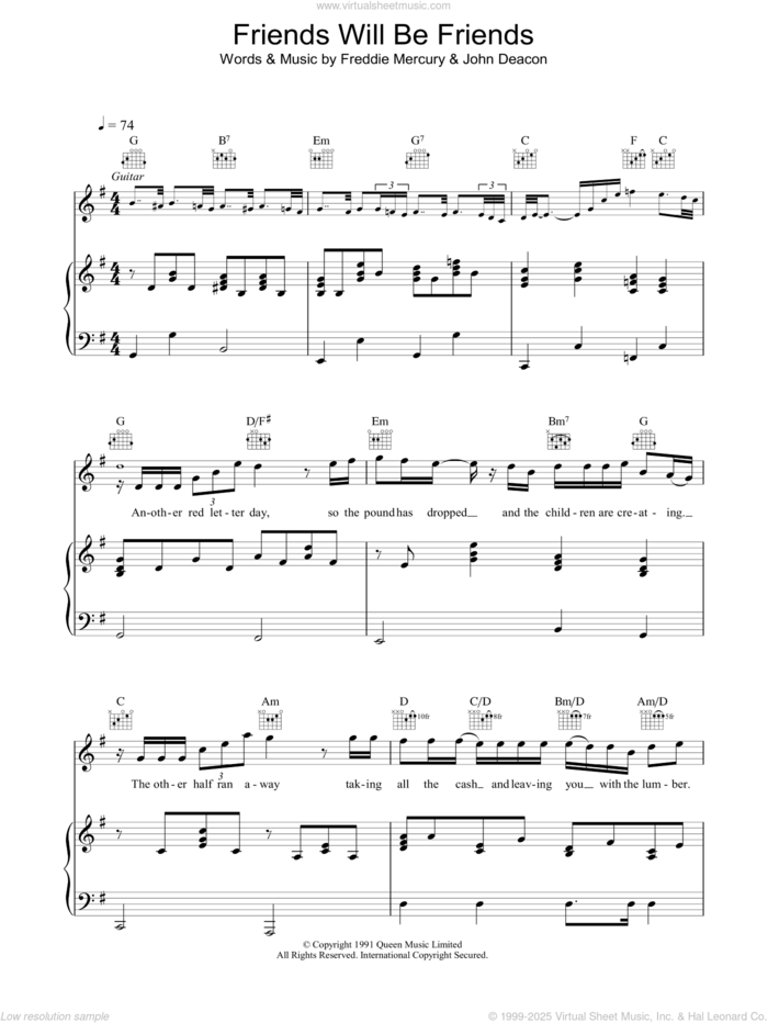 Friends Will Be Friends sheet music for voice, piano or guitar by Queen, Freddie Mercury and John Deacon, intermediate skill level