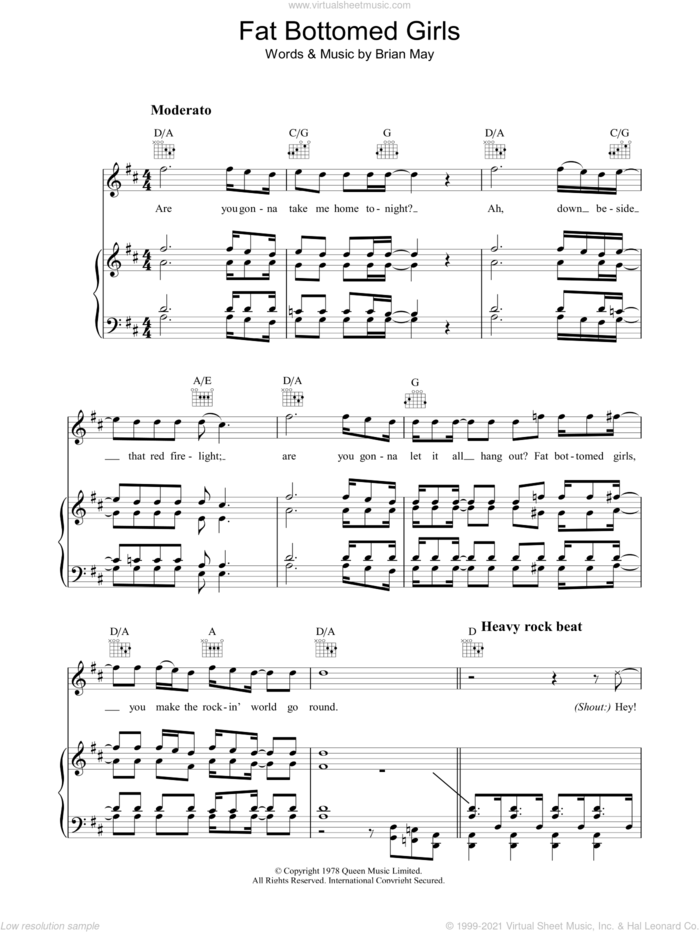 Fat Bottomed Girls sheet music for voice, piano or guitar by Queen and Brian May, intermediate skill level