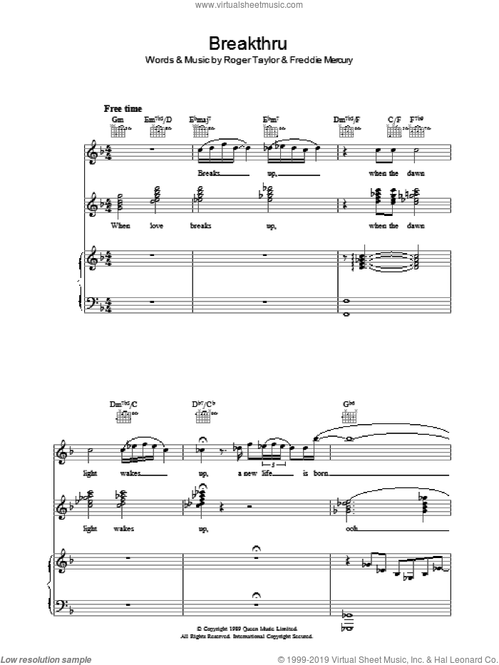 Breakthru sheet music for voice, piano or guitar by Queen, Freddie Mercury and Roger Taylor, intermediate skill level