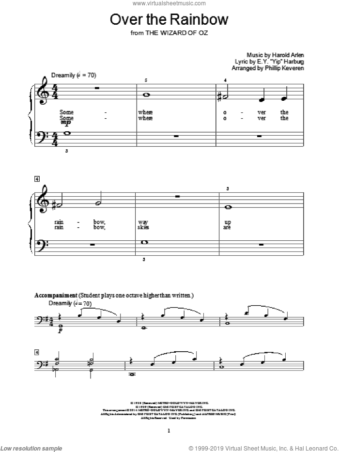 Over The Rainbow (arr. Phillip Keveren) sheet music for piano solo (elementary) by Harold Arlen, Phillip Keveren, Bill Boyd and E.Y. Harburg, beginner piano (elementary)
