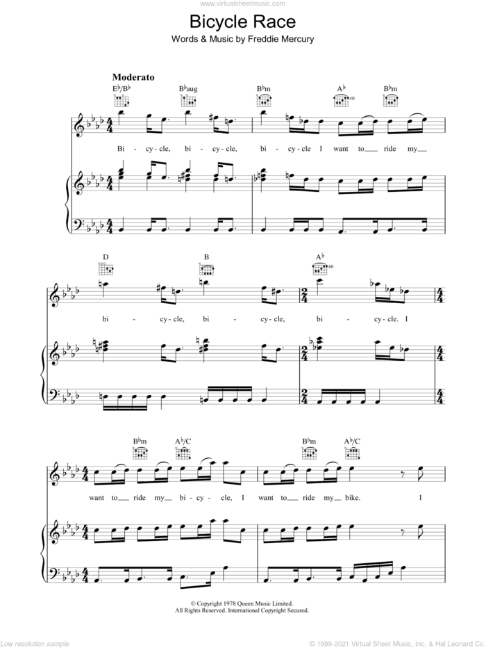 Bicycle Race sheet music for voice, piano or guitar by Queen and Freddie Mercury, intermediate skill level