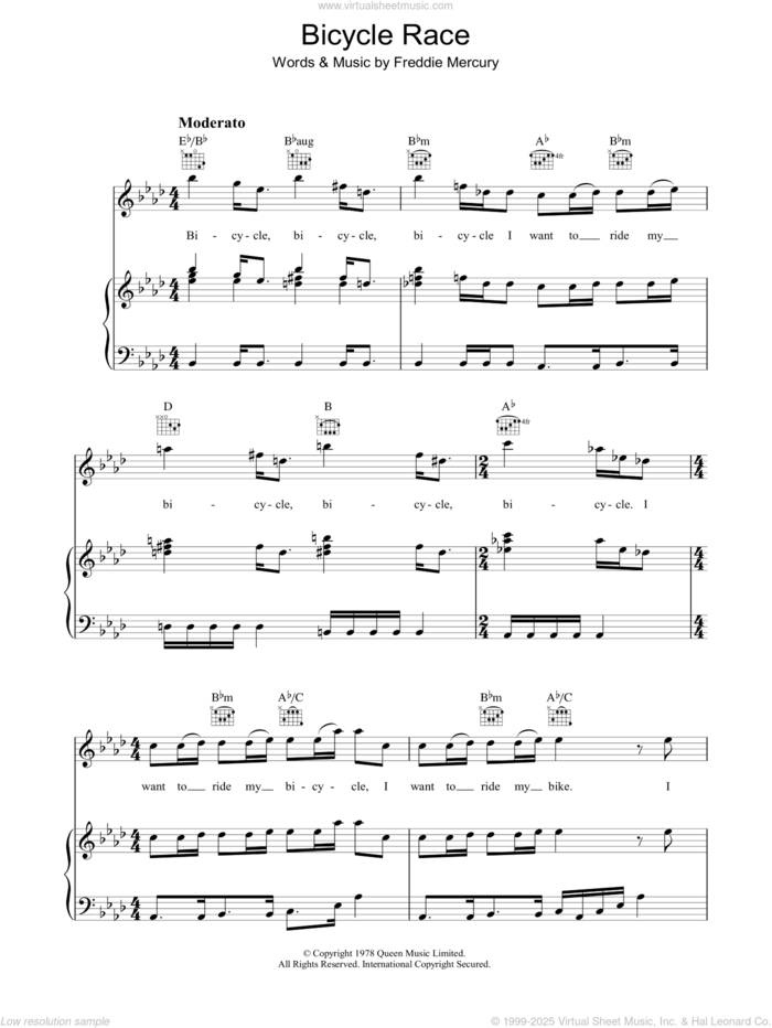 Bicycle Race sheet music for voice, piano or guitar by Queen and Freddie Mercury, intermediate skill level