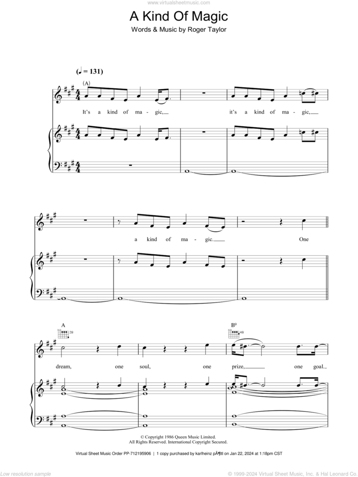 A Kind Of Magic sheet music for voice, piano or guitar by Queen and Roger Taylor, intermediate skill level