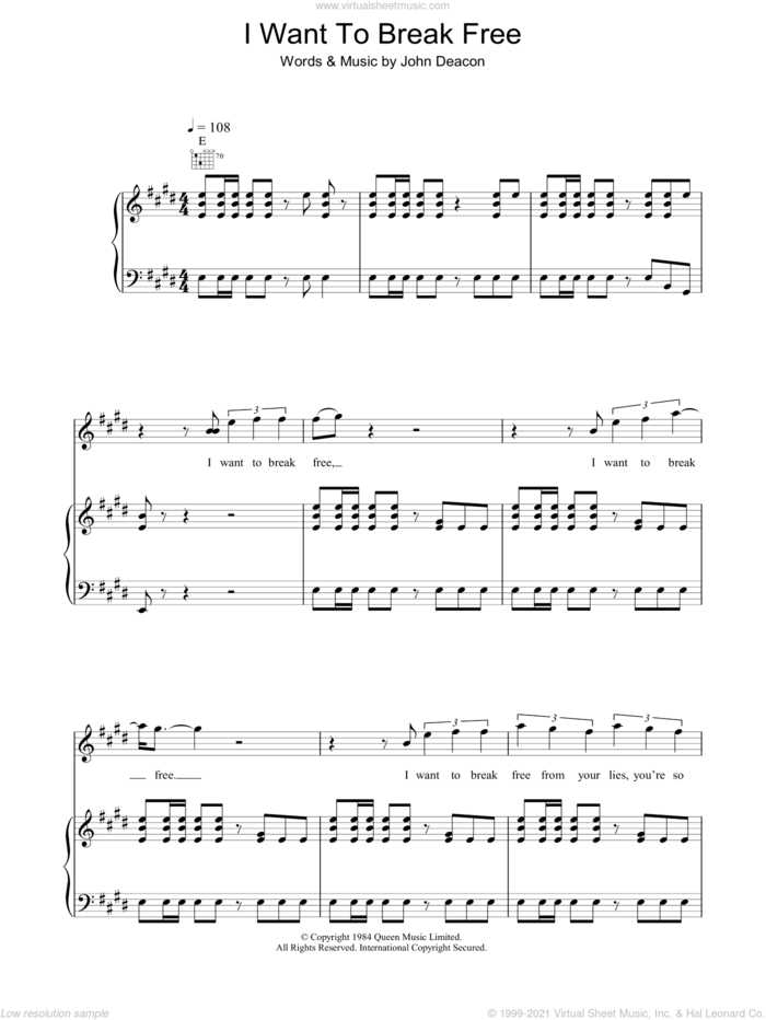 I Want To Break Free sheet music for voice, piano or guitar by Queen and John Deacon, intermediate skill level