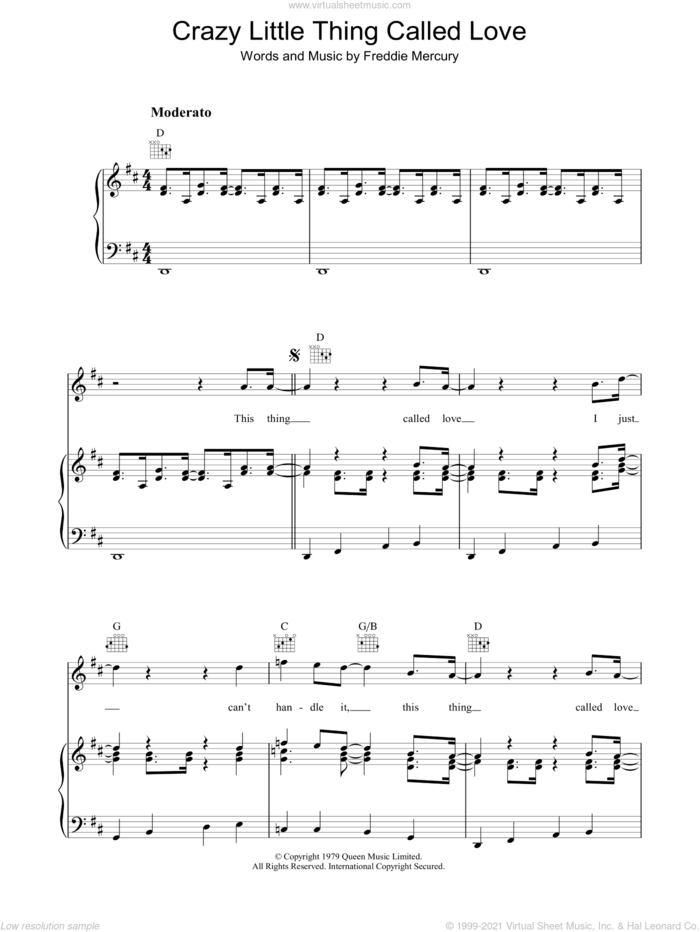 Crazy Little Thing Called Love sheet music for voice, piano or guitar by Queen and Freddie Mercury, intermediate skill level